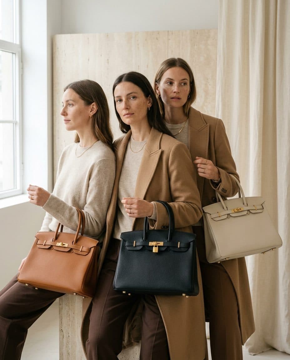 Three women in an editorial campaign each holding the Madrid — in noir, cognac and bone