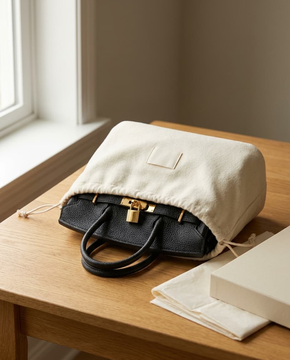 The Madrid emerging from its unbleached cotton dust bag on an oak table