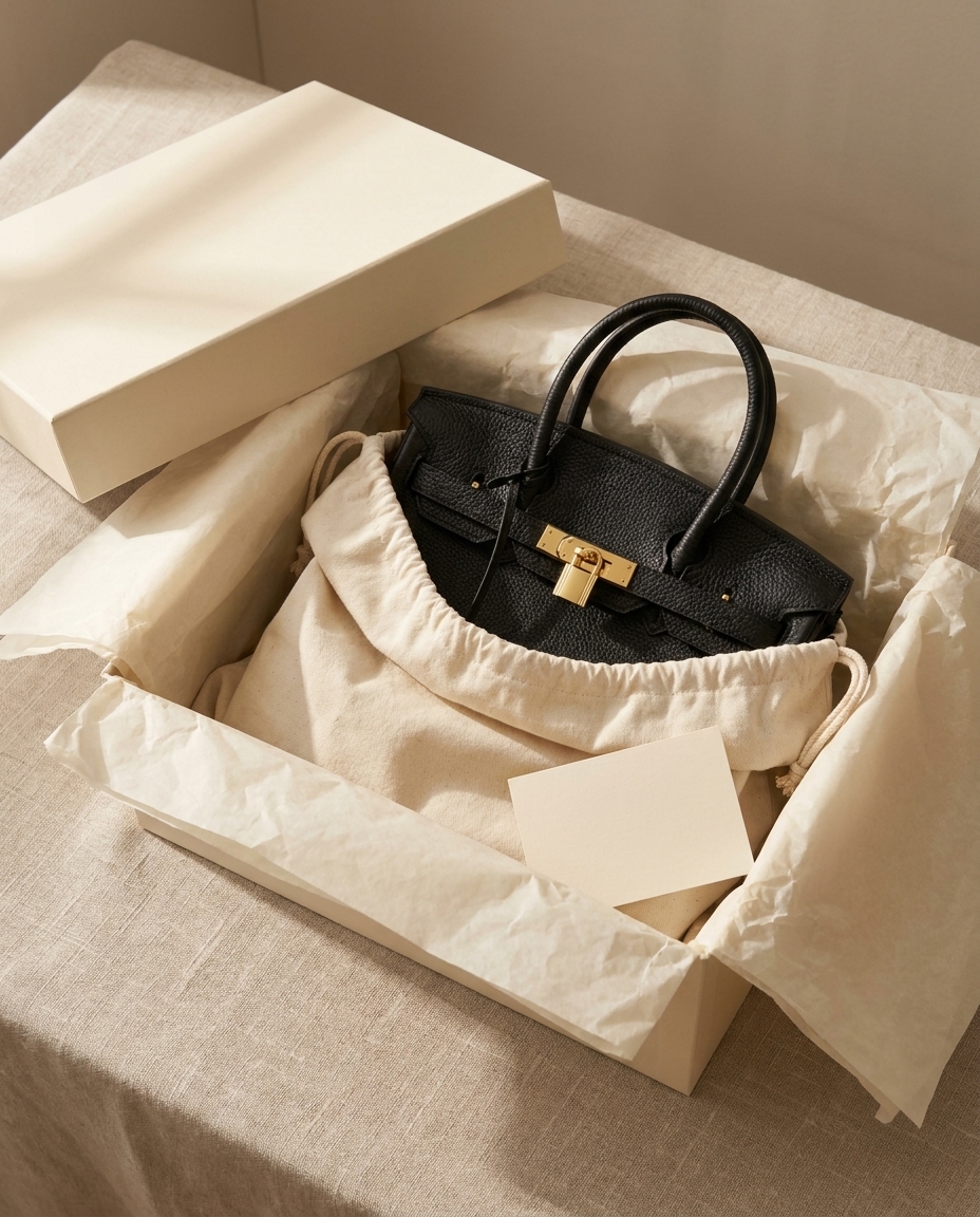 The Madrid in Noir inside its open cream box, in its unbleached cotton dust bag, with the numbered card on the tissue