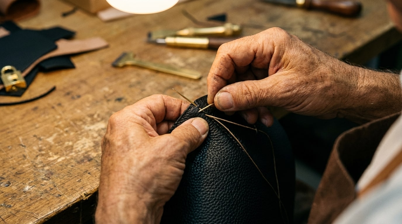 An artisan's hands at the Ubrique workbench, saddle-stitching a black calfskin panel with a needle and waxed thread