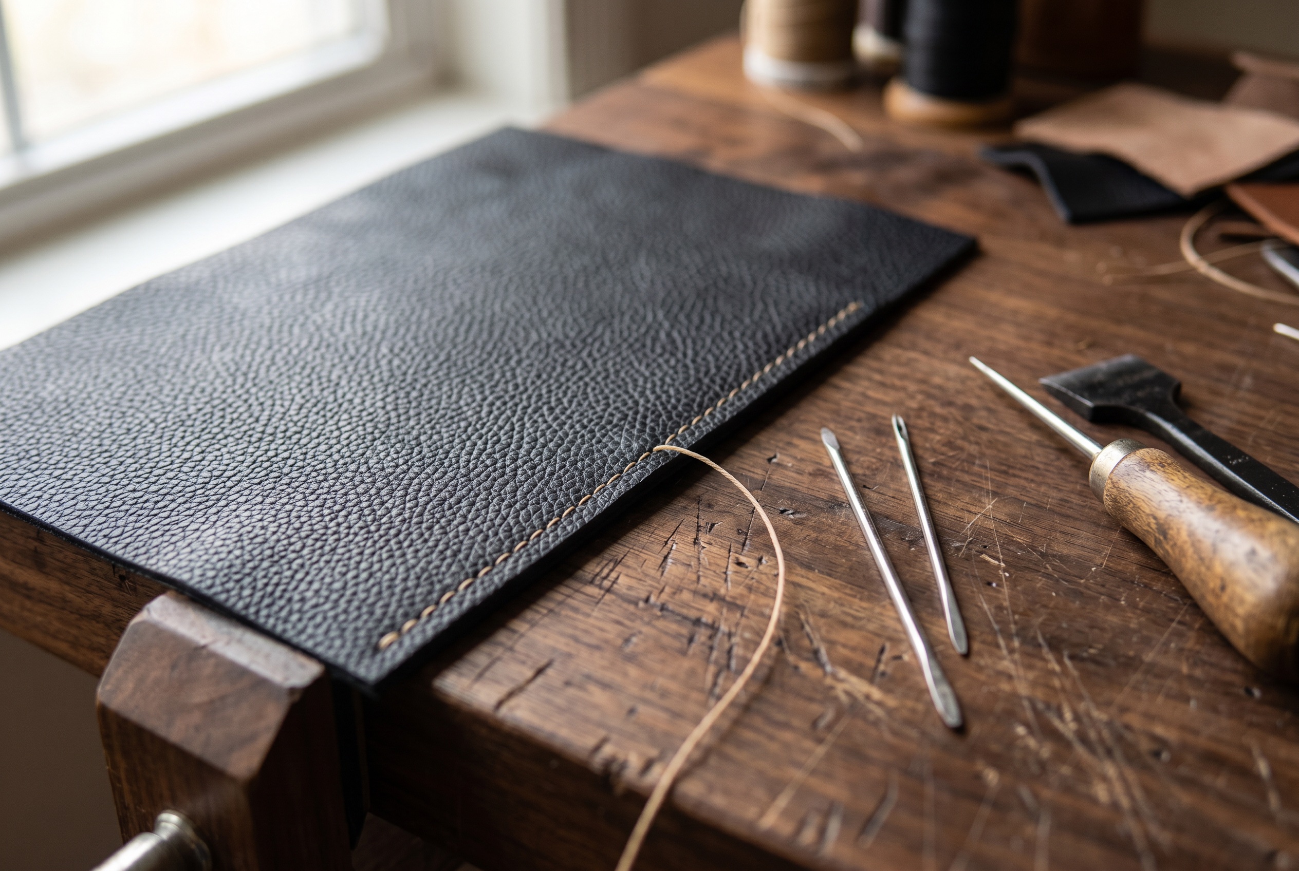 Close-up of a black full-grain calfskin panel on the workbench with hand saddle-stitching in waxed linen thread along its edge