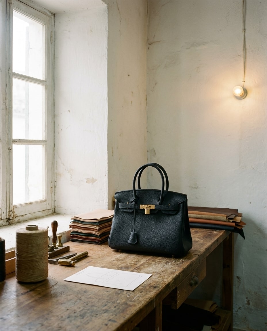 The Madrid in Noir on a leather-worker's bench in the Ubrique workshop, beside spools of waxed linen thread and hides